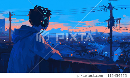 A high school boy watching the sunset from the balcony 113454553