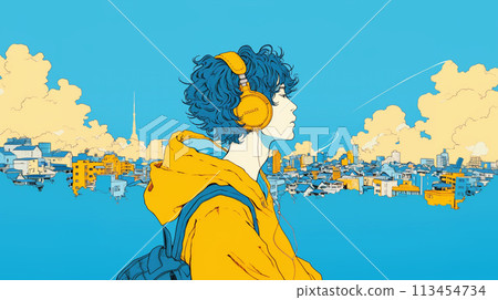 一個戴著耳機的男人邊走邊看城市 113454734