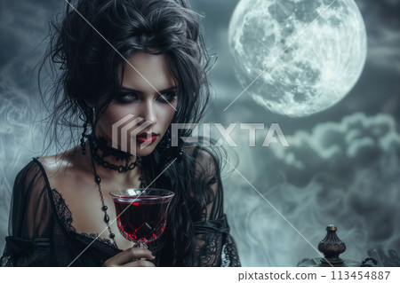 Mysterious gothic woman with wine glass 113454887