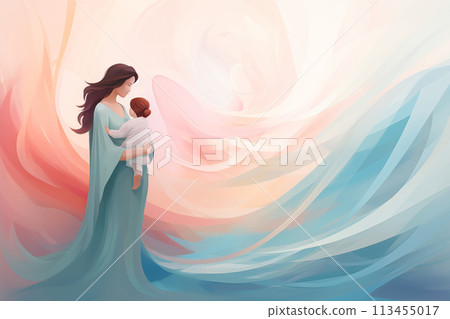 Serene illustration of a mother cradling her child with a soft, colorful background Serene illustration of a mother cradling her child with a soft, colorful background 113455017