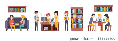 Library and Bookstore with People Character Reading Choosing Book Vector Set Library and Bookstore with People Character Reading Choosing Book Vector Set 113455109