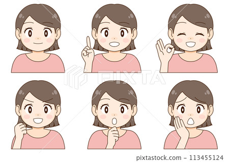 A set of six different expressions and poses for a young woman with short hair 113455124