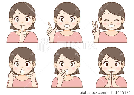 A set of six different expressions and poses for a young woman with short hair A set of six different expressions and poses for a young woman with short hair 113455125