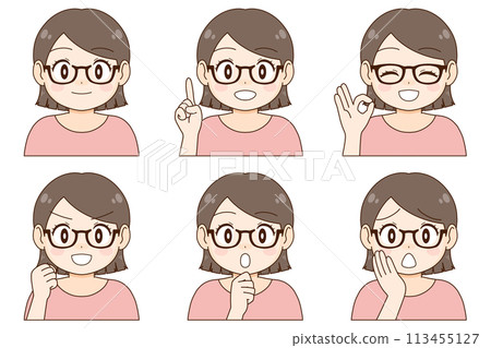 A set of six different expressions and poses of a young woman with short hair and glasses 113455127