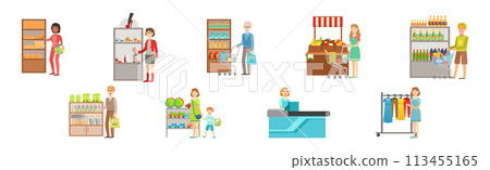 People Character Do Shopping and Purchase in Store Vector Set 113455165