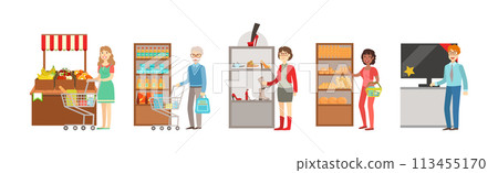 People Character Do Shopping and Purchase in Store Vector Set 113455170