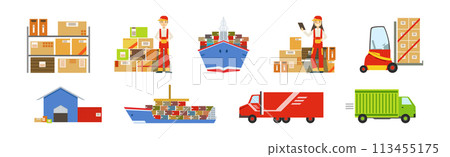 Warehouse and Logistics with Parcel and Cardboard Box Shipment and Storage Vector Set 113455175