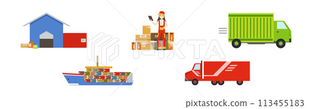 Warehouse and Logistics with Parcel and Cardboard Box Shipment and Storage Vector Set 113455183