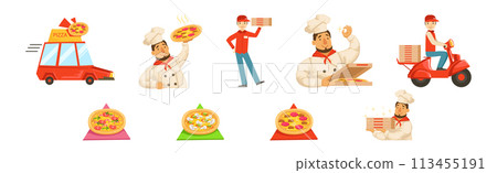 Pizza Delivery Service of Takeaway Food Element Vector Set 113455191