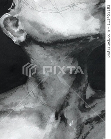 Monochrome drawing of a woman's face, neck and chest looking up 113455192