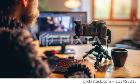 Video editing. Side view of a content creator editing a vlog, with a coffee cup and camera on the desk, embodying a relaxed creative vibe 113455213