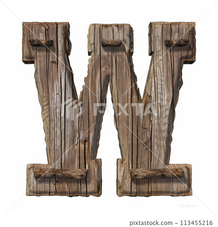 Rustic wooden letter W on a white background. Isolated on a white background. 113455216