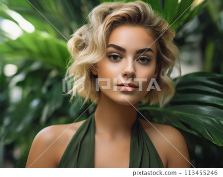 Portrait of a Woman with Short Blonde Hair and Green Dress in Front of Lush Green Background 113455246