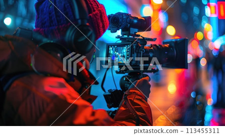 Video editing. In the dim light, a videographer intensely edits urban night footage, neon reflections on face and screen Video editing. In the dim light, a videographer intensely edits urban night footage, neon reflections on face and screen 113455311