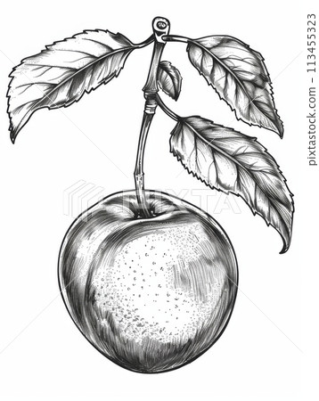 Black ink hand drawn ripe apple with leaves isolated on white background Black ink hand drawn ripe apple with leaves isolated on white background 113455323