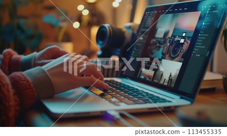 Video editing. Creative process in action: Side shot of a vlogger editing content with coffee and camera for company on the desk Video editing. Creative process in action: Side shot of a vlogger editing content with coffee and camera for company on the desk 113455335