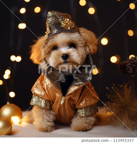Small Adorable Dog Wearing a Gold Sequined Jacket and a Party Hat Sits in Front of a Bokeh of Lights Small Adorable Dog Wearing a Gold Sequined Jacket and a Party Hat Sits in Front of a Bokeh of Lights 113455337