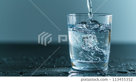 Water Splashing Into Glass on Blue Background - Hydration Concept for Healthy Lifestyle Water Splashing Into Glass on Blue Background - Hydration Concept for Healthy Lifestyle 113455352