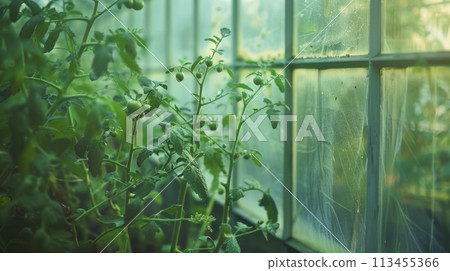 Blurred view of small tomato plants growing in a sunny greenhouse with dirty windows 113455366