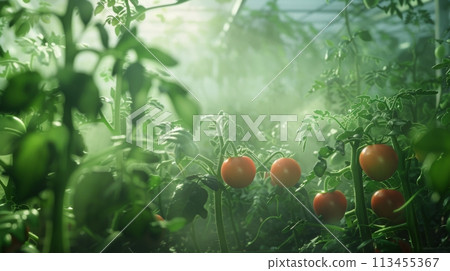 Close-up of ripe tomatoes growing in a greenhouse with a modern irrigation system. Close-up of ripe tomatoes growing in a greenhouse with a modern irrigation system. 113455367