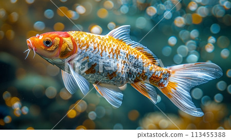Close up of colorful koi fish in clear water. 113455388