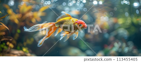 Close up of colorful koi fish in clear water. Close up of colorful koi fish in clear water. 113455405