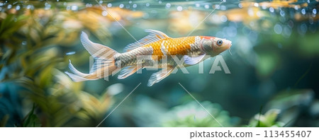 Close up of colorful koi fish in clear water. Close up of colorful koi fish in clear water. 113455407