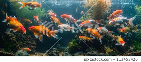 Multicolored school of koi fish inside a clear water aquarium. 113455426