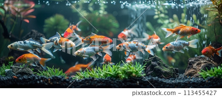 Multicolored school of koi fish inside a clear water aquarium. Multicolored school of koi fish inside a clear water aquarium. 113455427