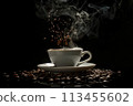 Hot Coffee espresso in white cup on black background. Making black coffee with foam. Close up. Copy space. 113455602