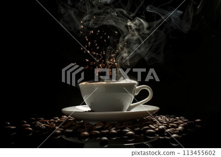 Hot Coffee espresso in white cup on black background. Making black coffee with foam. Close up. Copy space. Hot Coffee espresso in white cup on black background. Making black coffee with foam. Close up. Copy space. 113455602