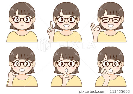 A set of six different expressions and poses of a young woman with short hair and glasses 113455693
