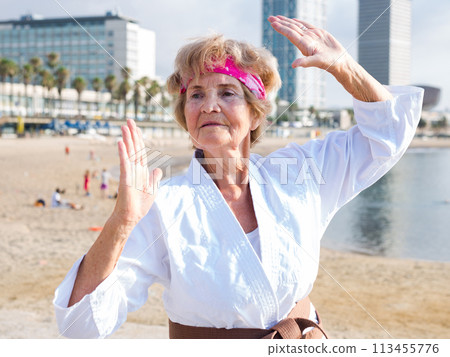 Mature lady in kimono outdoors 113455776