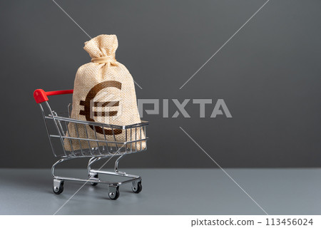 Shopping cart with big euro money bag. Win money for shopping. Purchasing power of buyers. Trade and retail. Taxes. Consumer prices. Import of products. Extra income. 113456024
