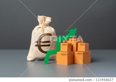 Boxes with a green arrow up near a euro money bag. High demand for goods. Import and export. Economic growth and increased sales. Good sales, big income. Increased trade and economy. Boxes with a green arrow up near a euro money bag. High demand for goods. Import and export. Economic growth and increased sales. Good sales, big income. Increased trade and economy. 113456027