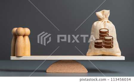 People and money bag with coins on scales. Decent wages. Social payments. Workers deserve to be financially compensated for their time and skills. Investments. Hired force. Financial support. People and money bag with coins on scales. Decent wages. Social payments. Workers deserve to be financially compensated for their time and skills. Investments. Hired force. Financial support. 113456034