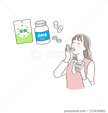 Illustration of a woman taking medicine or supplements. 113456082