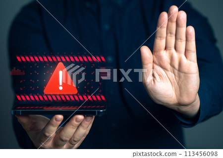 Businessman warns of danger. Risky investments. Fraud business. Mistakes and mistakes. Access blocking. Cyber security. Compliance with laws and regulations. Warn about incorrect actions. 113456098