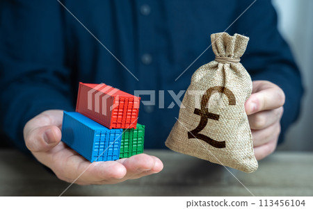 Shipping containers and british pound sterling money bag. Make a trade deal. Import and export. Profit from sale of goods. Economic growth, production and development of transport infrastructure. 113456104