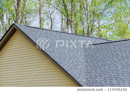 Newly built house roof top is covered with asphalt shingles Newly built house roof top is covered with asphalt shingles 113456248