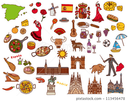 Hand-drawn illustrations of Spain (paella, ajillo, Europe, travel, culture, tourism) Hand-drawn illustrations of Spain (paella, ajillo, Europe, travel, culture, tourism) 113456478