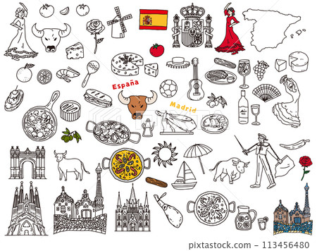 Hand-drawn illustrations of Spain (paella, ajillo, Europe, travel, culture, tourism) 113456480