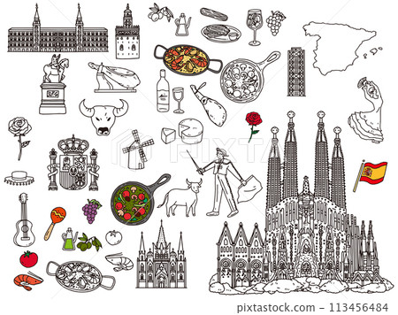 Hand-drawn illustrations of Spain (paella, ajillo, Europe, travel, culture, tourism) 113456484