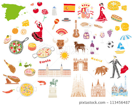 Hand-drawn illustrations of Spain (paella, ajillo, Europe, travel, culture, tourism) 113456487
