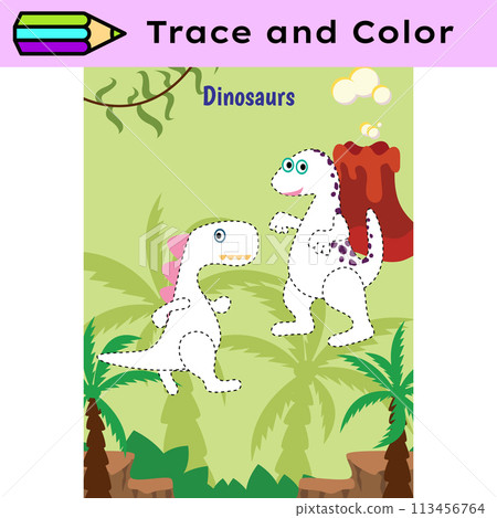 Pen tracing lines activity worksheet for children. Pencil control for kids practicing motoric skills. Dino educational printable worksheet. Vector illustration. 113456764