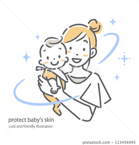 嬰兒皮膚護理 媽媽抱著嬰兒 簡單可愛的線條描插畫 113456995