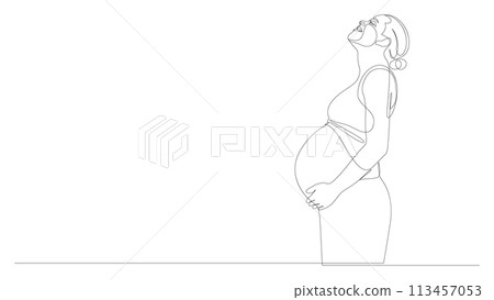 Continuous one line drawing of pregnant woman. Single line vector illustration. Continuous one line drawing of pregnant woman. Single line vector illustration. 113457053