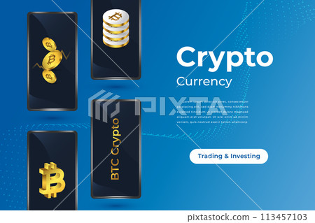 Bitcoin Cryptocurrency with Smartphone Isolated on Blue Background. Bitcoin Crytpo on Mobile. Digital Money Vector Illustration 113457103