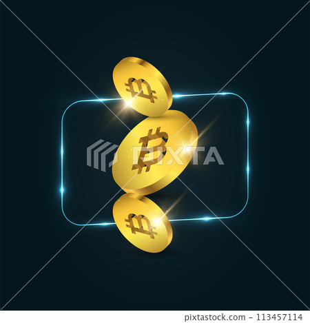Golden Bitcoin Coin. Crypto Currency Gold Coin. 3D Bitcoin Symbol Isolated on Dark Background Golden Bitcoin Coin. Crypto Currency Gold Coin. 3D Bitcoin Symbol Isolated on Dark Background 113457114