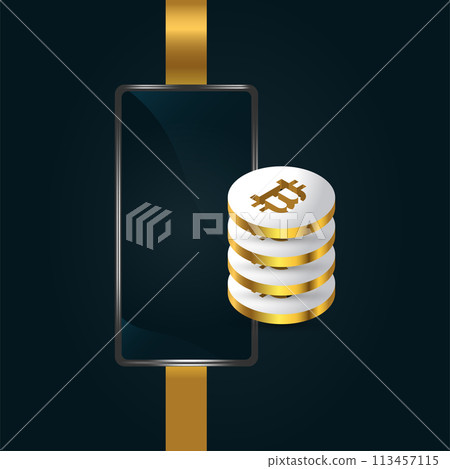 Bunch of Silver and Gold Bitcoin Coins Illustration witih Smartphone Bunch of Silver and Gold Bitcoin Coins Illustration witih Smartphone 113457115